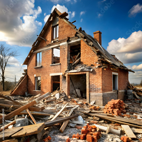 destroyed brick house building ruin demolition deb on white background