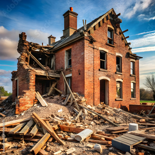 destroyed brick house building ruin demolition deb on white background