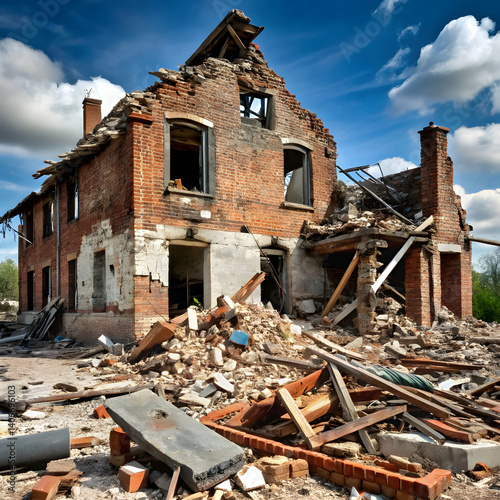 destroyed brick house building ruin demolition deb on white background