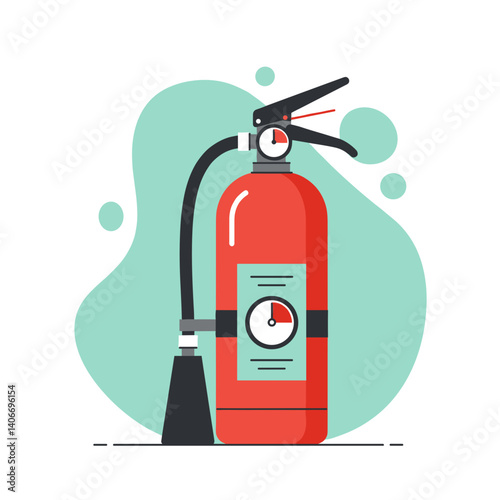 Fire extinguisher with nozzle and pressure gauge on abstract background  