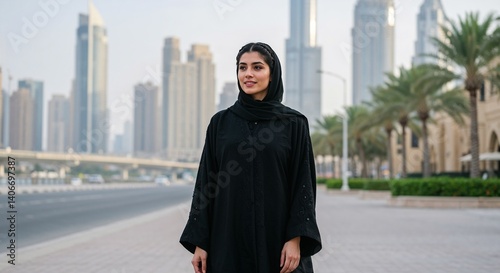Confident woman smiling in modern cityscape background  