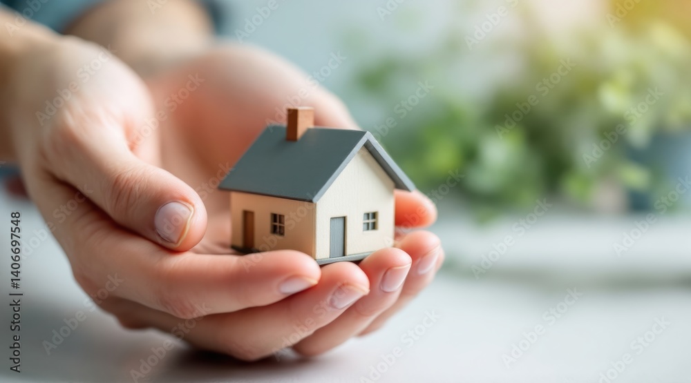 A pair of hands gently cradles a small model house, symbolizing care, security, and the concept of home. A pair of hands gently cradles a small model house, symbolizing care, security, and the concept of home.
