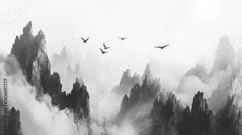 Monochrome Mountain Landscape with Birds in Mist