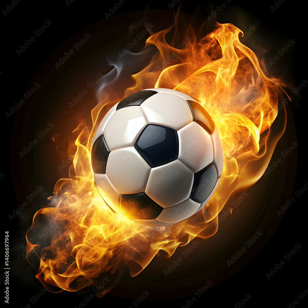 Fototapeta premium soccer ball fire on black background on white background
