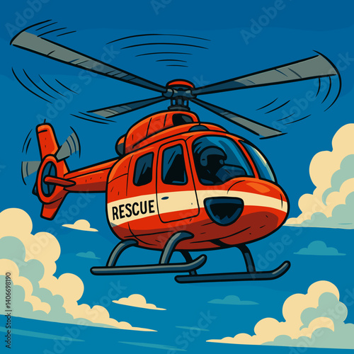 Rescue Helicopter Flying Through Blue Skies with Clouds  