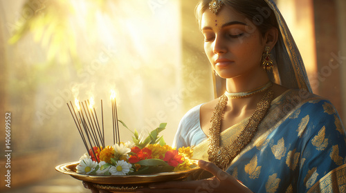 Happy Chhath Puja, a woman wearing a blue and gold sari holding a tray of flowers and incense sticks, morning sunlight softly shining on her face, ai generated images.
