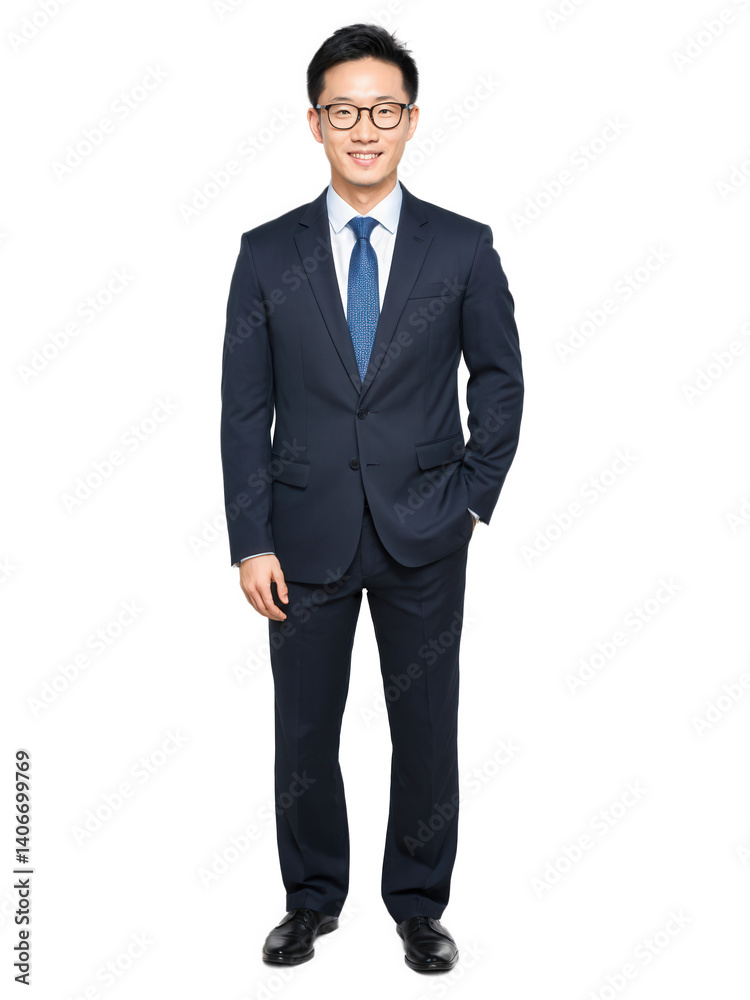 East Asian man in glasses, smiling confidently, business suit, focused gaze, isolated background. East Asian man in glasses, smiling confidently, business suit, focused gaze, isolated background.