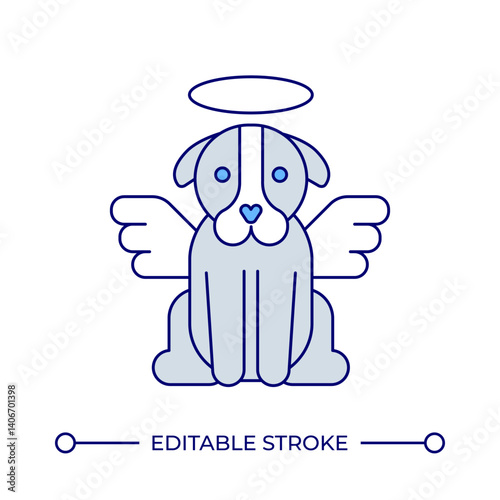 Dog on heave line color icon. Canine pet with angel wings and halo. Loss of beloved animal companion. Sweet memory. Isolated vector illustration. Flat colorful symbol design. Editable stroke
