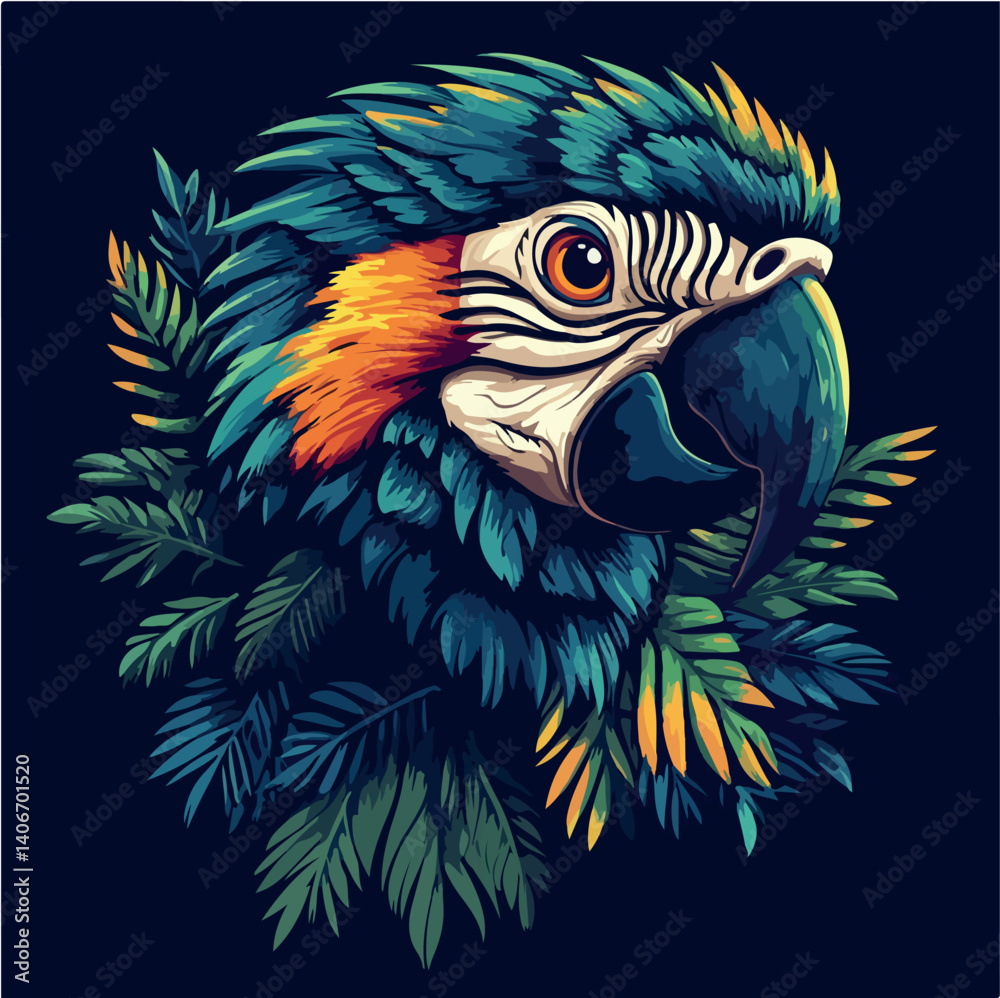 Obraz premium drawing, background, design, illustration, beautiful, parrot, vector, tropical, nature, exotic, jungle, wild, animal, art, isolated, cartoon, bird, cute, blue, green, summer, colorful, beak, feather, 