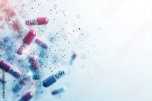 Obraz na płótnie Colorful capsules exploding with particles in a dynamic display of pharmaceutical concepts w salonie