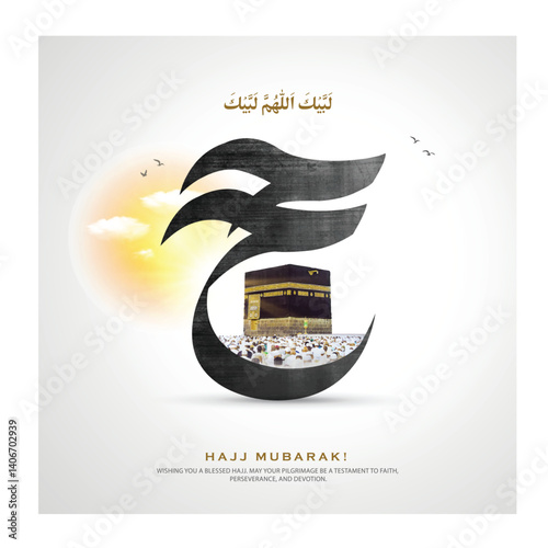 Al Hajj and Umrah Mubarak. Arabic calligraphy Translations: hajj mubrak with Creative design for social media post.