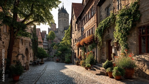 Charming Cobblestone Street with Old Houses at Golden Hour on a Sunny Summer Day