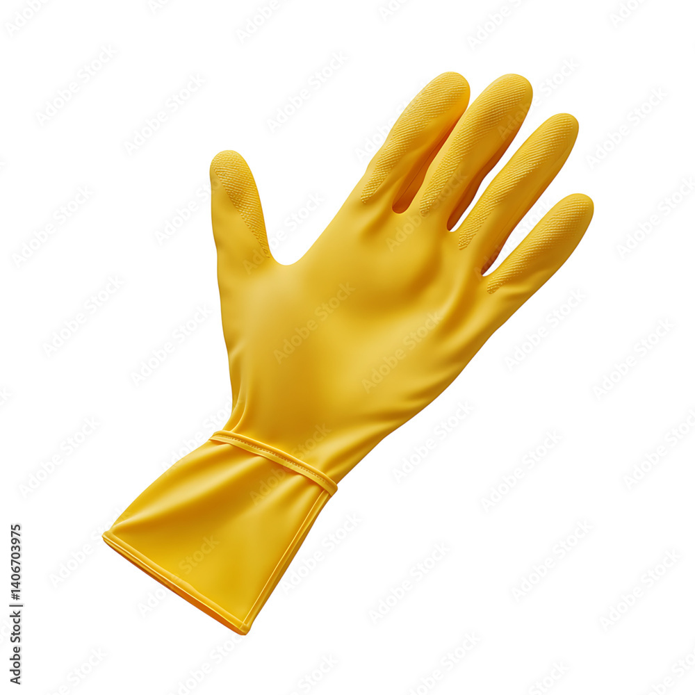 Realistic yellow rubber cleaning glove shown from top view with extended fingers and dotted grip surface on transparent background without shadows or external elements