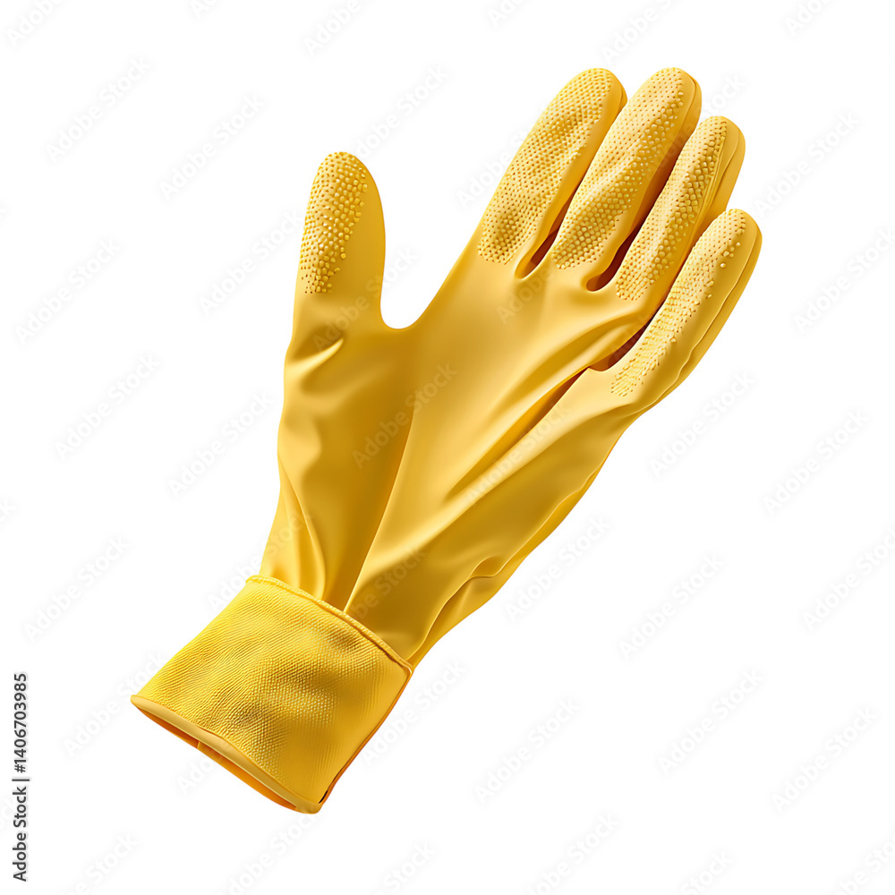Realistic yellow rubber cleaning glove shown from top view with extended fingers and dotted grip surface on transparent background without shadows or external elements