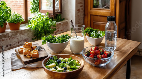 Healthy meal setup with fresh salads, yogurt, fruits, and water on a rustic wooden table