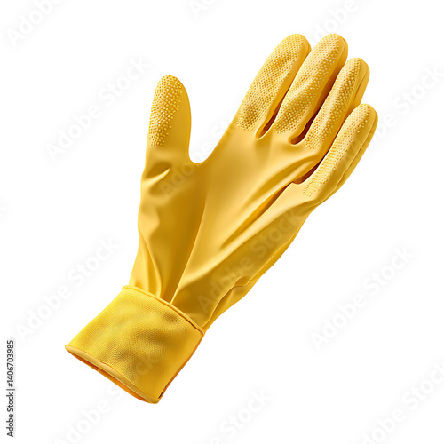 Obraz na płótnie Realistic yellow rubber cleaning glove shown from top view with extended fingers and dotted grip surface on transparent background without shadows or external elements w salonie