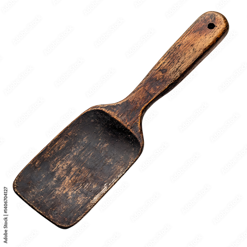 Vintage kitchen spatula made of aged wood with rectangular darkened blade and ergonomic handle shown clearly on a transparent background with no shadows or extra elements