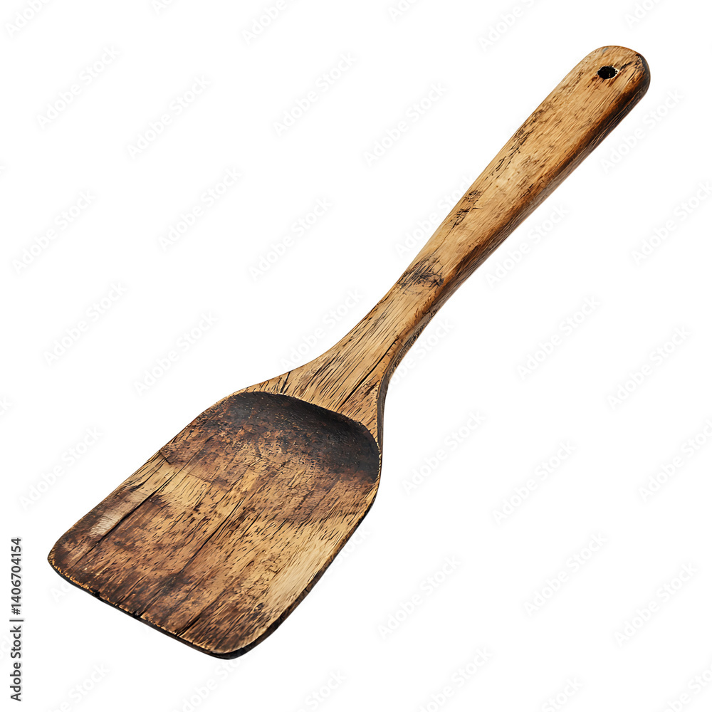 Vintage kitchen spatula made of aged wood with rectangular darkened blade and ergonomic handle shown clearly on a transparent background with no shadows or extra elements