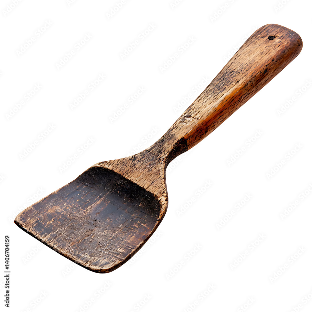 Vintage kitchen spatula made of aged wood with rectangular darkened blade and ergonomic handle shown clearly on a transparent background with no shadows or extra elements