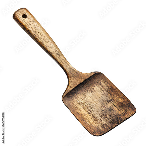 Obraz na płótnie Vintage kitchen spatula made of aged wood with rectangular darkened blade and ergonomic handle shown clearly on a transparent background with no shadows or extra elements w salonie
