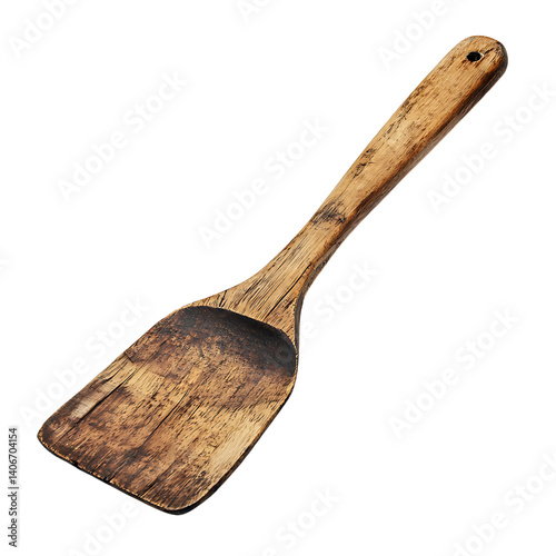 Obraz na płótnie Vintage kitchen spatula made of aged wood with rectangular darkened blade and ergonomic handle shown clearly on a transparent background with no shadows or extra elements w salonie