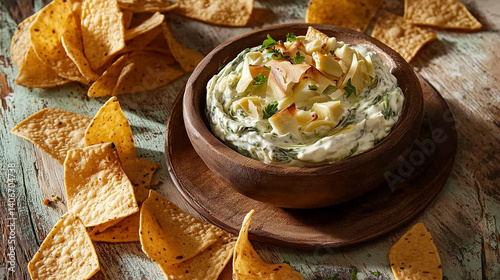 Creamy spinach and artichoke dip served in a wooden bowl with crispy tortilla chips on a rustic table