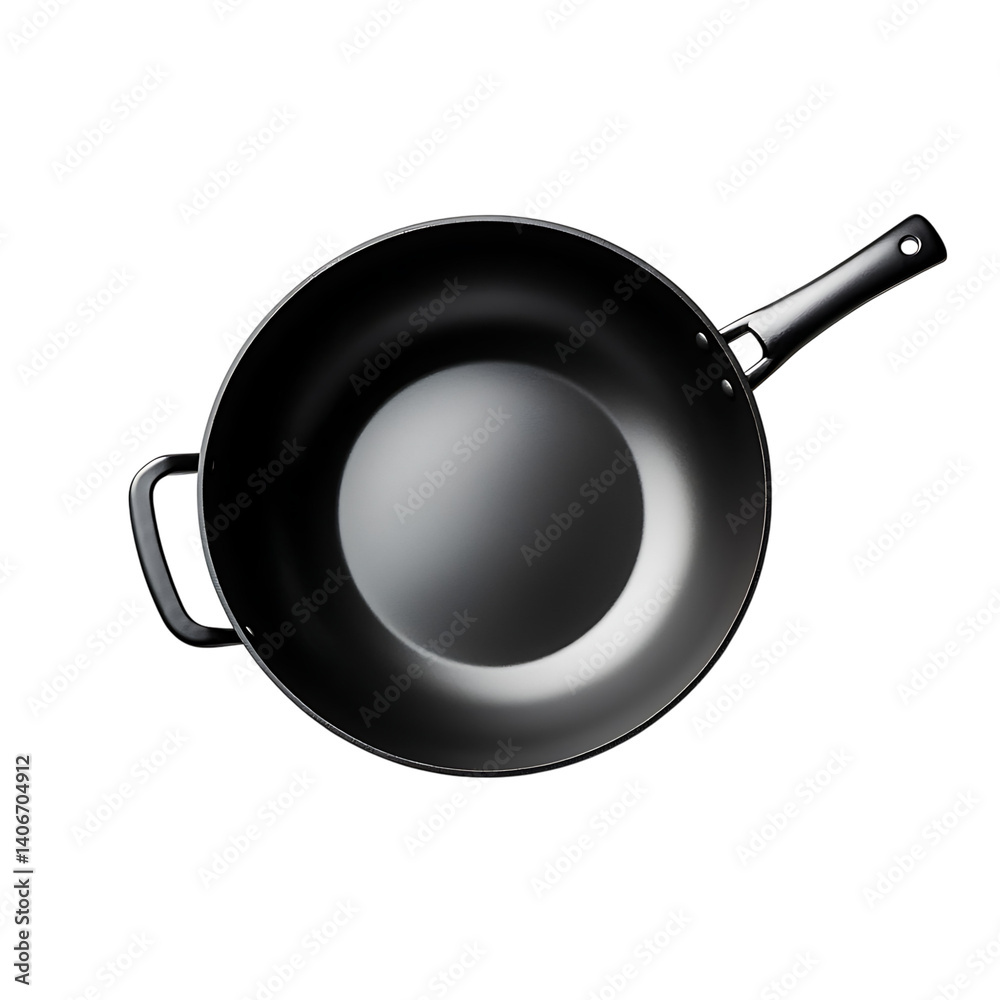 Black iron wok with wooden handle on a transparent background