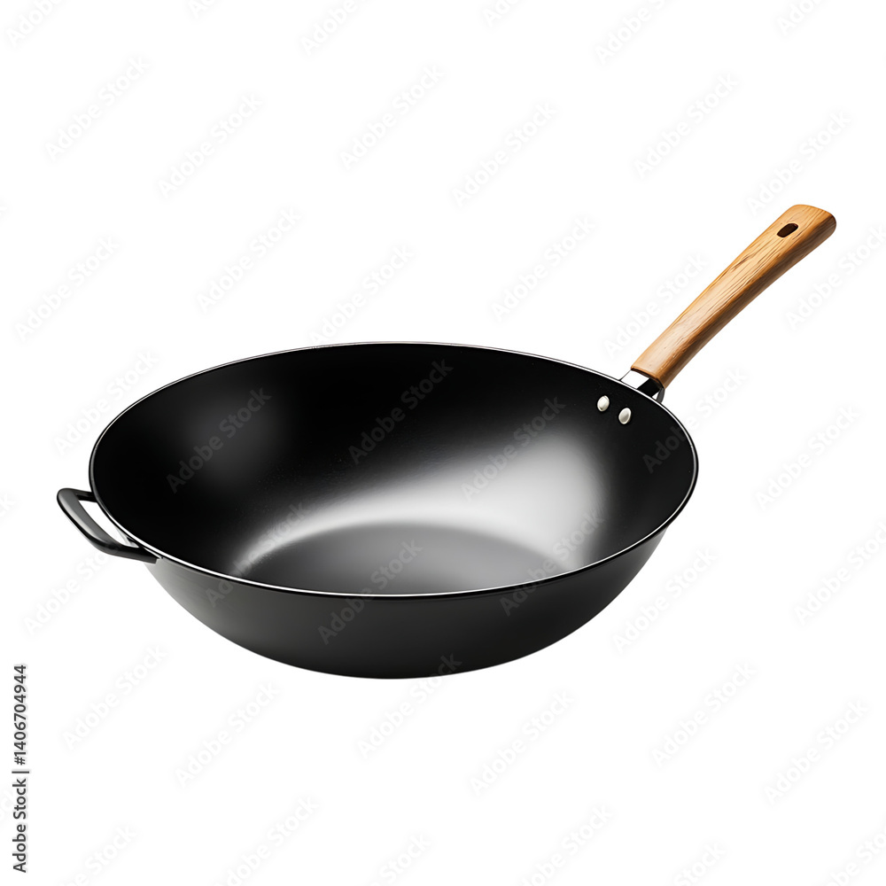 Black iron wok with wooden handle on a transparent background