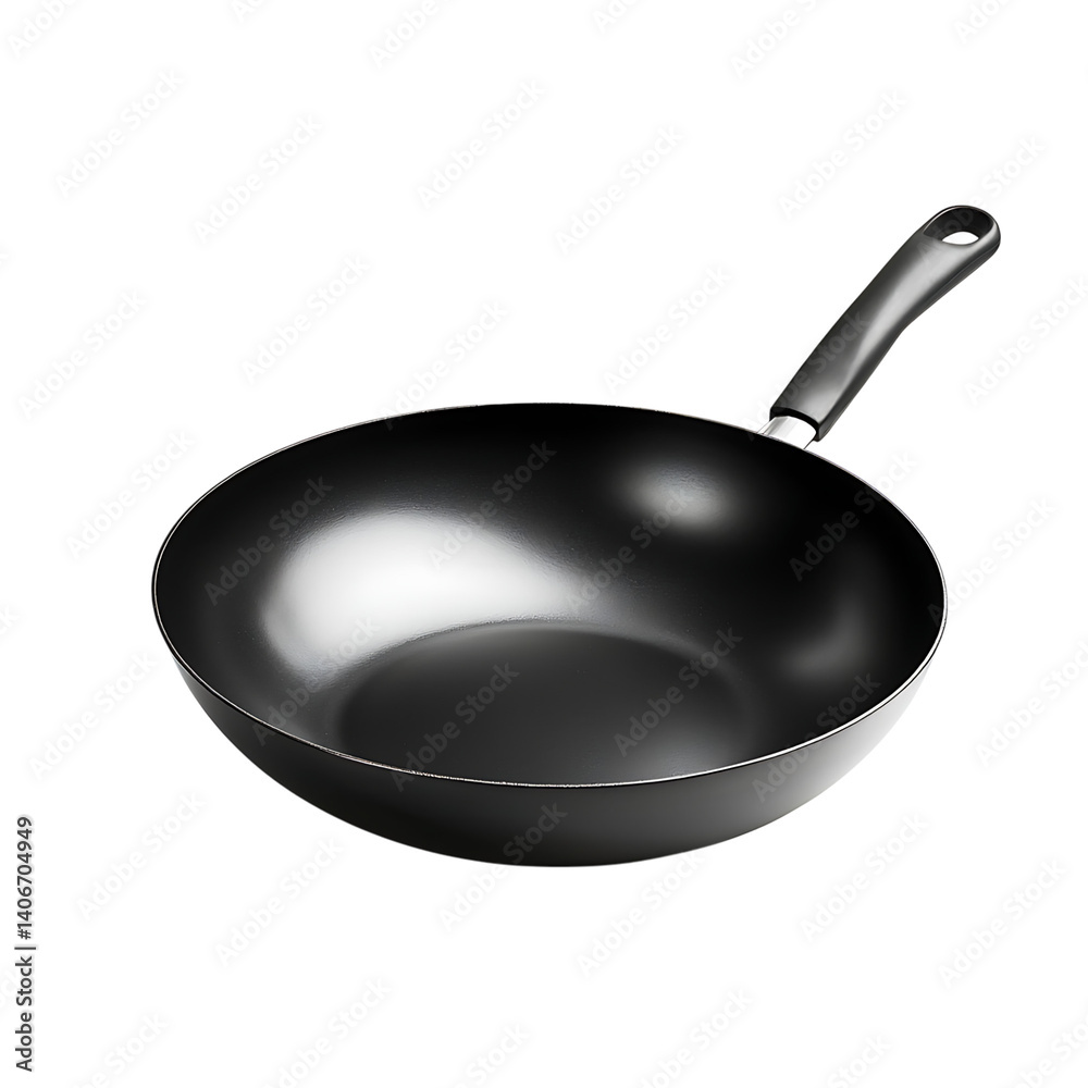 Black iron wok with wooden handle on a transparent background