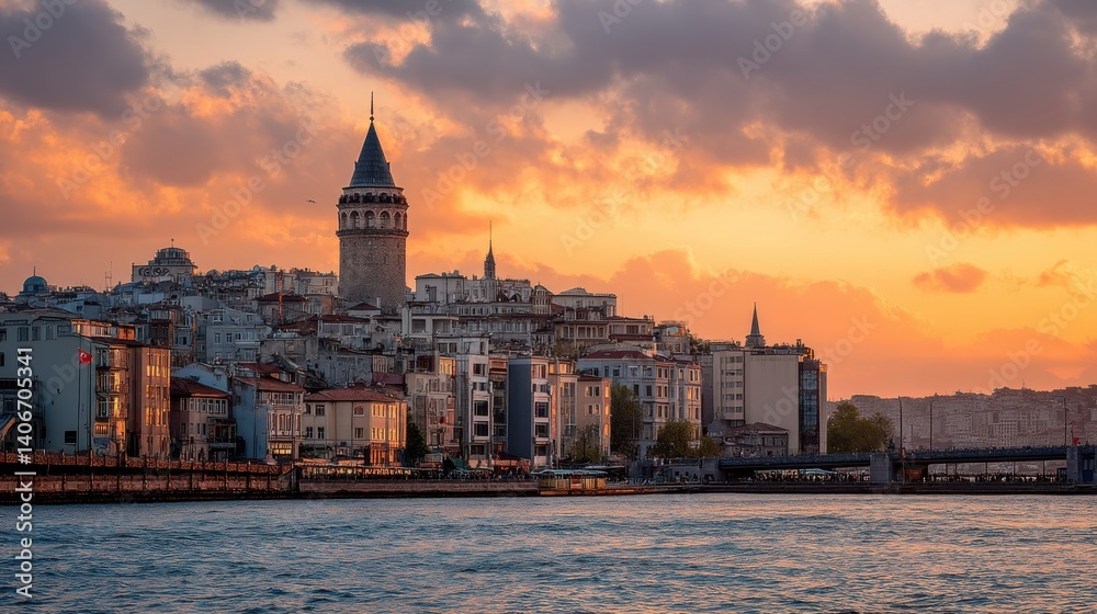 Obraz premium A stunning sunset casts vibrant colors over the Galata Tower and the skyline. The waterfront and buildings reflect the beauty of the twilight atmosphere