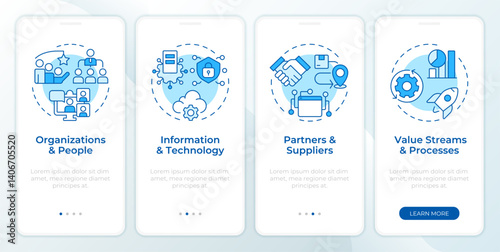 Service management blue onboarding mobile app screen. IT infrastructure. Walkthrough 4 steps editable graphic instructions with linear concepts. UI, UX, GUI. Montserrat SemiBold, Regular fonts used