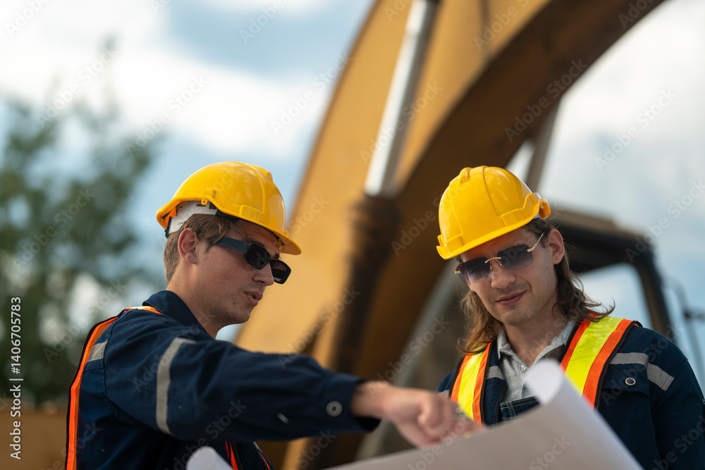 Two construction workers in hard hats and reflective vests discussing blueprints at an industrial site, emphasizing collaboration, planning, and safety in civil engineering projects. Two construction workers in hard hats and reflective vests discussing blueprints at an industrial site, emphasizing collaboration, planning, and safety in civil engineering projects.