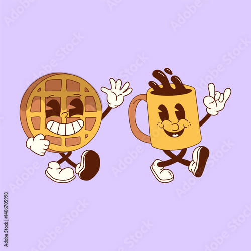 A groovy retro cartoon concept featuring a cheerful waffle and a smiling coffee cup as best breakfast friends. Styled with funky, vintage vibes to represent the perfect breakfast duo
