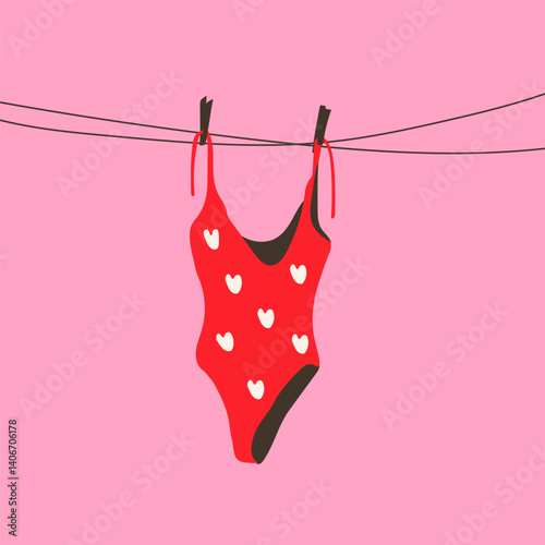 A red swimsuit with a white heart pattern hanging on a clothesline under the sun.