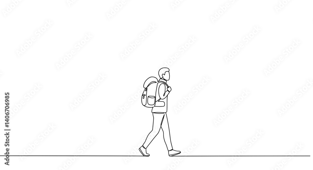 Person walking with backpack in minimalist line art style Person walking with backpack in minimalist line art style