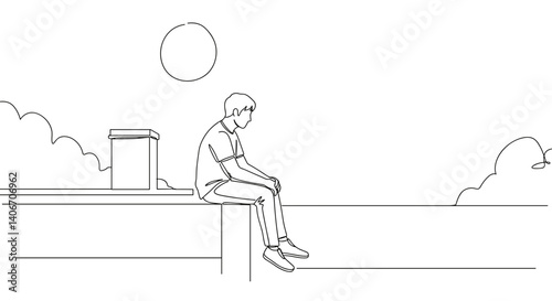 Line art of a young man sitting and reflecting against a sunny sky