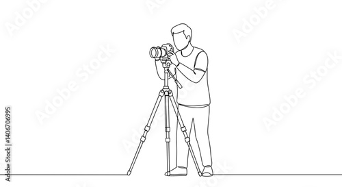 Photographer taking pictures with camera on tripod