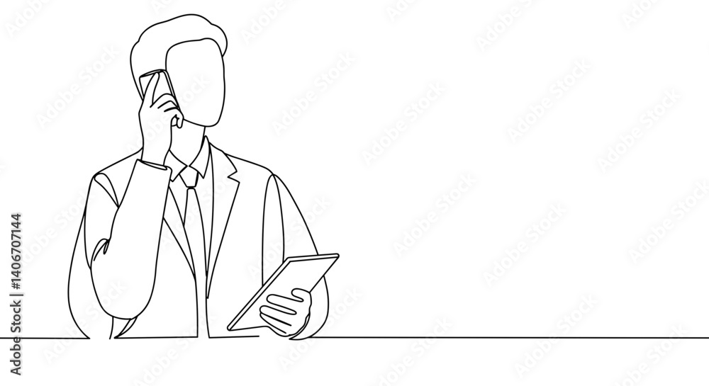 Man in suit using smartphone and tablet in minimalist office Man in suit using smartphone and tablet in minimalist office