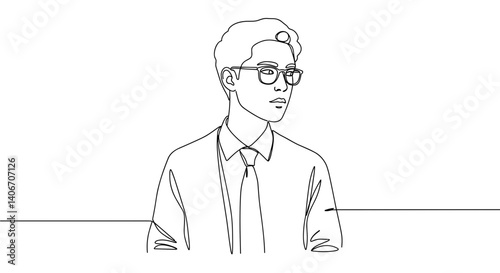 Line art of a thoughtful man in a suit against a blank background
