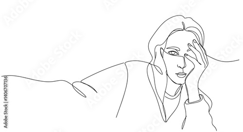 Line art portrait of a woman resting her chin in contemplation