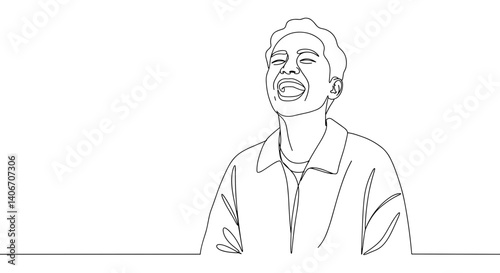 Smiling young man laughing in a line art illustration