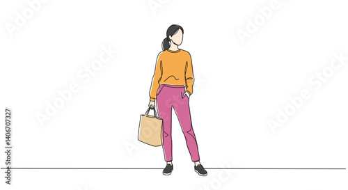 Stylish woman standing confidently with a bag on a white background