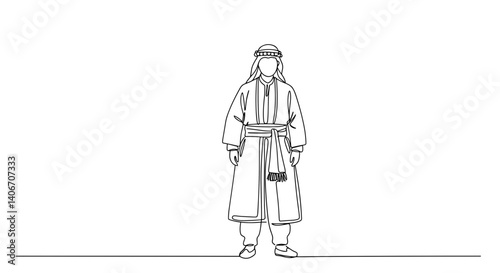 Line art of a person wearing traditional attire in a minimalist style