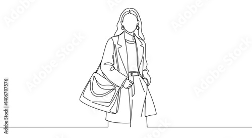 Line art woman with handbag posing against minimal background