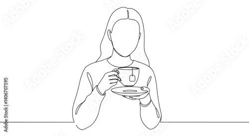 Woman enjoying tea with a teabag in a minimalist setting