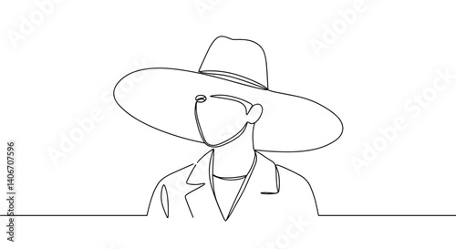 Line art figure wearing a wide-brimmed hat in minimalist style