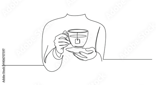 Outline of person holding tea cup with tea bag