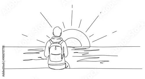 Person watching sunset over ocean with backpack
