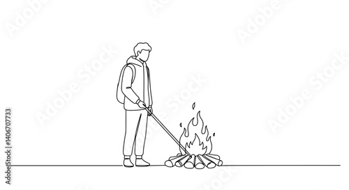 Person tending a campfire in a minimalist outdoor setting