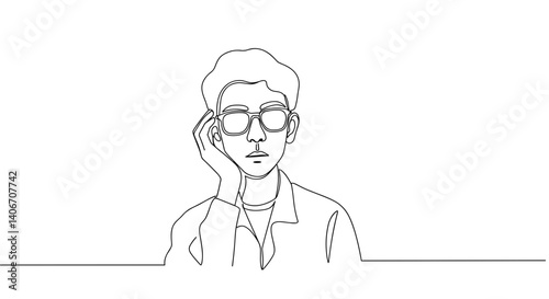 Contemplative young man in glasses on minimalist background